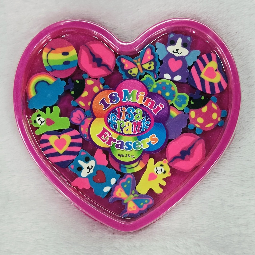 Lisa Frank 18 Mini Erasers Heart Case Multi-Color Childrens School Set Pencils - Picture 2 of 7